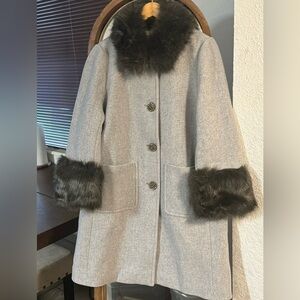 $798 Kate Spade Faux Fur Wool Coat Star Bright Trim Gray Size 14 NWOT